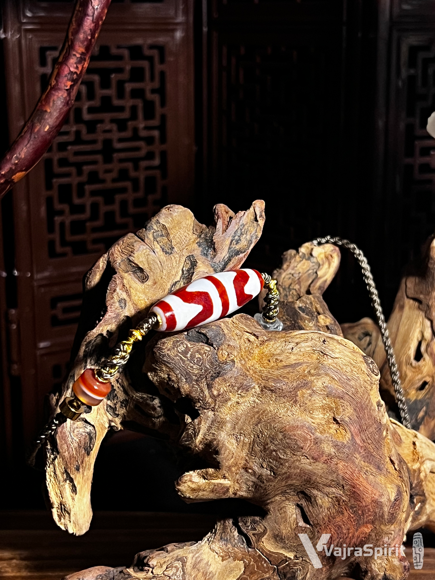 Red Meat Double Tiger Tooth Dzi Necklace